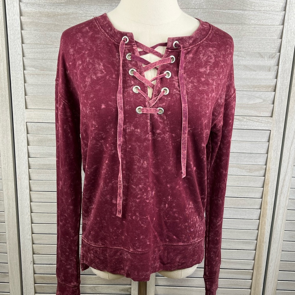 MUDD Long Sleeve Tee with Laced Front Acid Wash Cranberry-Small